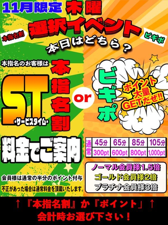木曜日は「本指名割」or「ポイント」の選択イベントのイベント画像